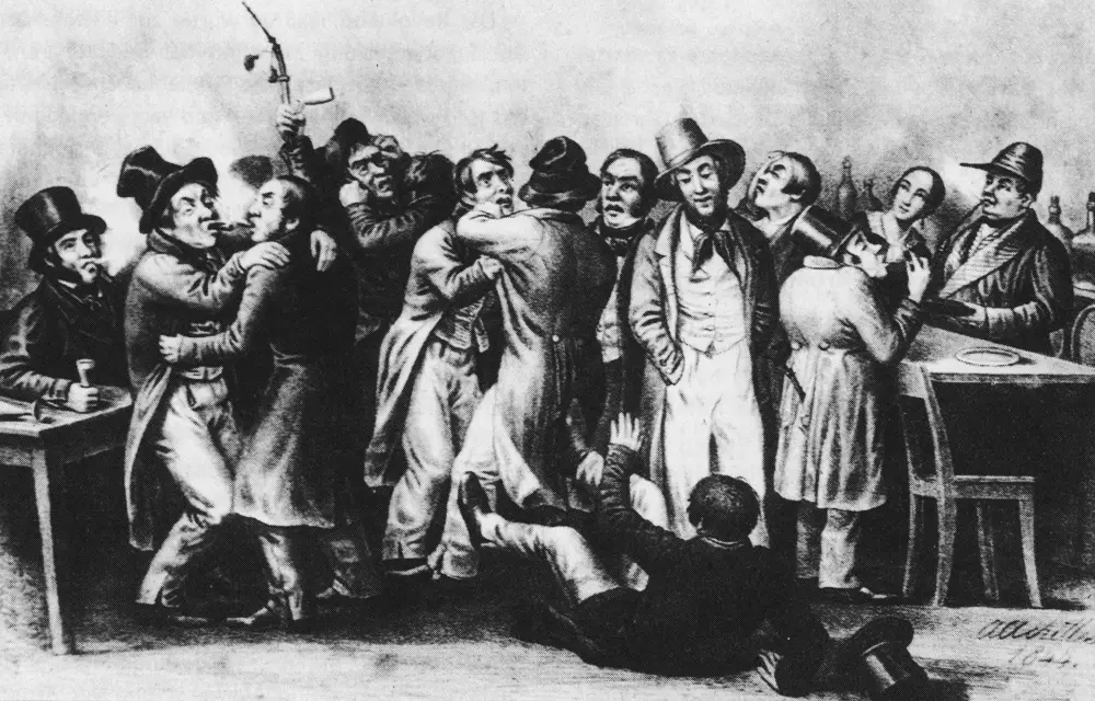 Lithografie: Feiernde Gäste vor dem Püsserkrug