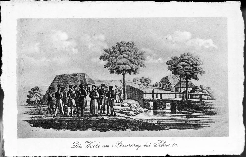 Lithografie: Cholerawache an der Furt beim Püsserkrug, rechts das Gasthaus