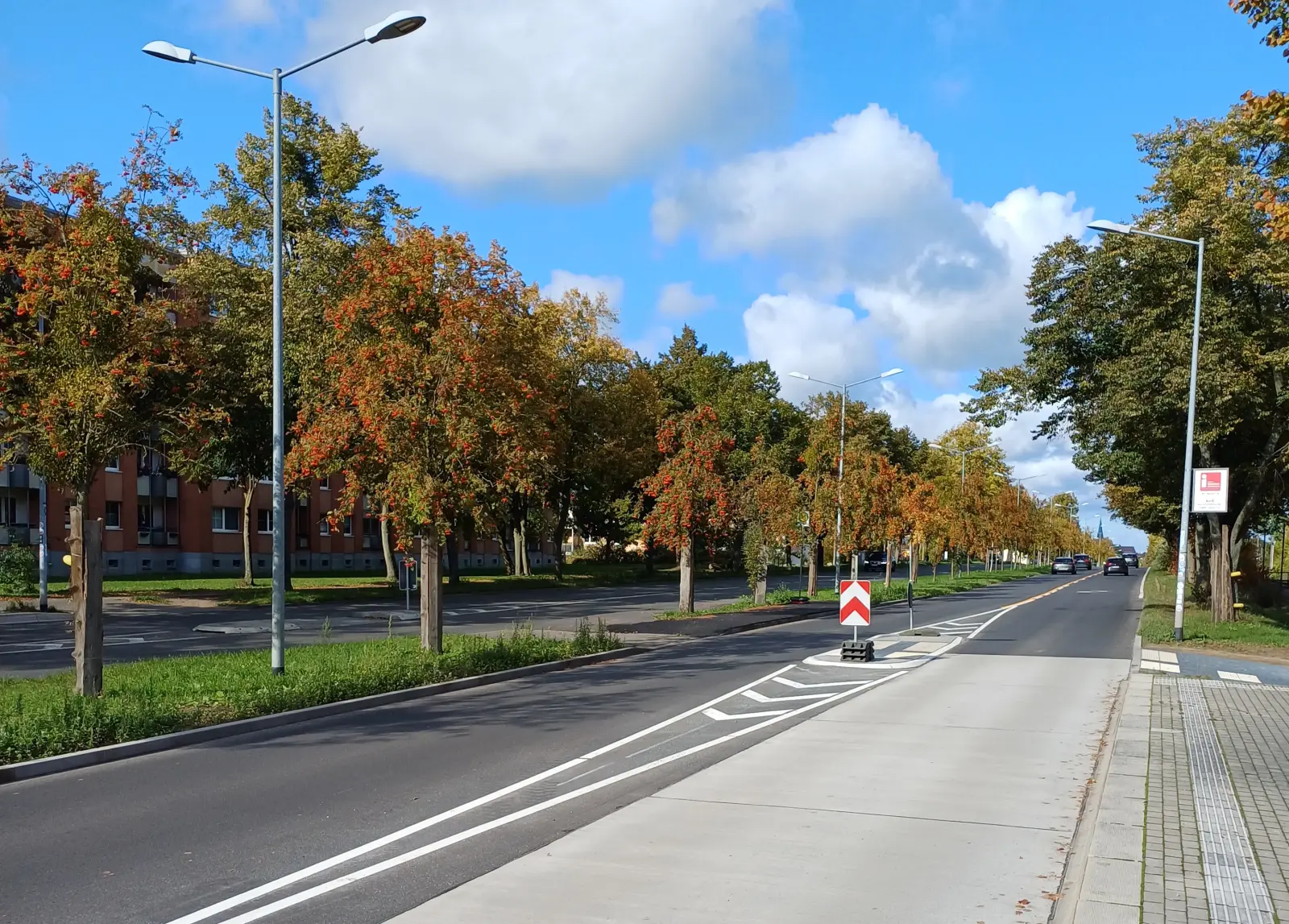 Breite Ludwigsluster Chaussee mit Radweg und herbstlichen Bäumen